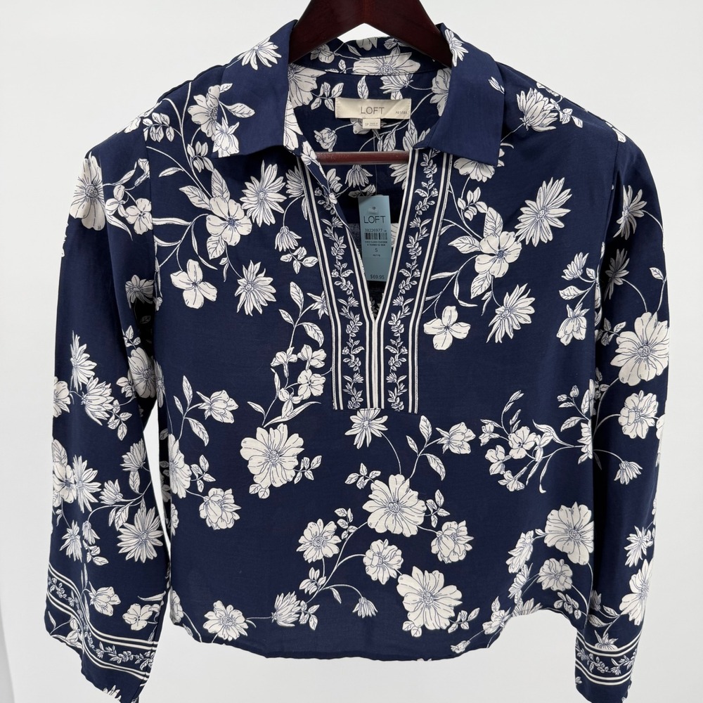 LOFT Petite Floral Blouse Navy White Lyocell Lightweight Top NWT SP 38226977